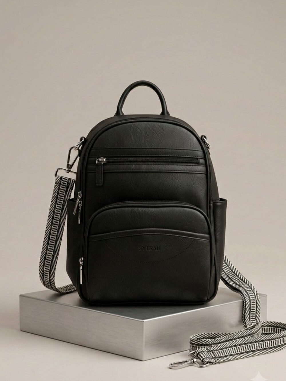 Black Leather Crossbody Backpack for Men